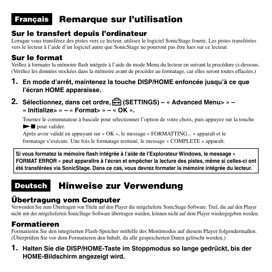 Remarque sur l’utilisation, Hinweise zur verwendung | Sony NW-S205FBLACK User Manual | Page 2 / 4