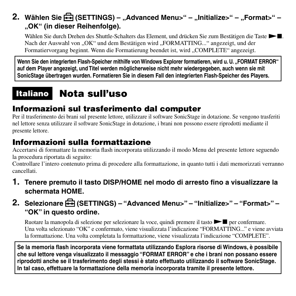 Nota sull’uso | Sony NW-S205FBLACK User Manual | Page 3 / 4