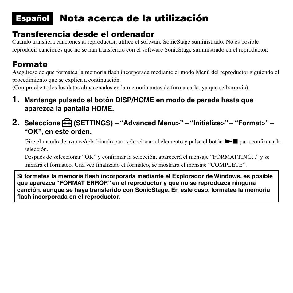 Nota acerca de la utilización | Sony NW-S205FBLACK User Manual | Page 4 / 4