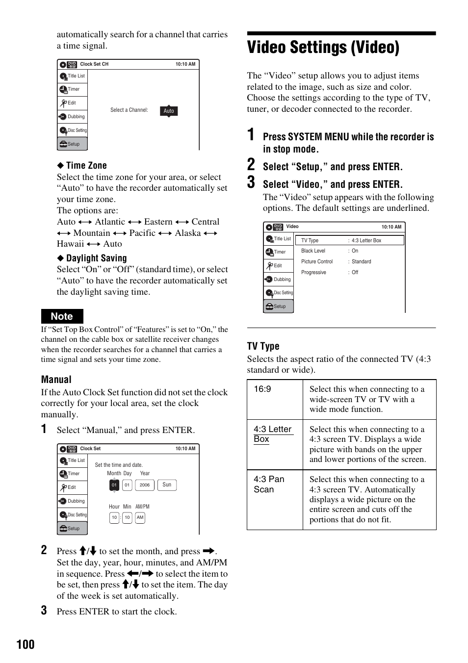 Video settings (video), Manual, Select “setup,” and press enter | Select “video,” and press enter, Tv type, Select “manual,” and press enter, Press enter to start the clock | Sony RDR-VX530 User Manual | Page 100 / 132