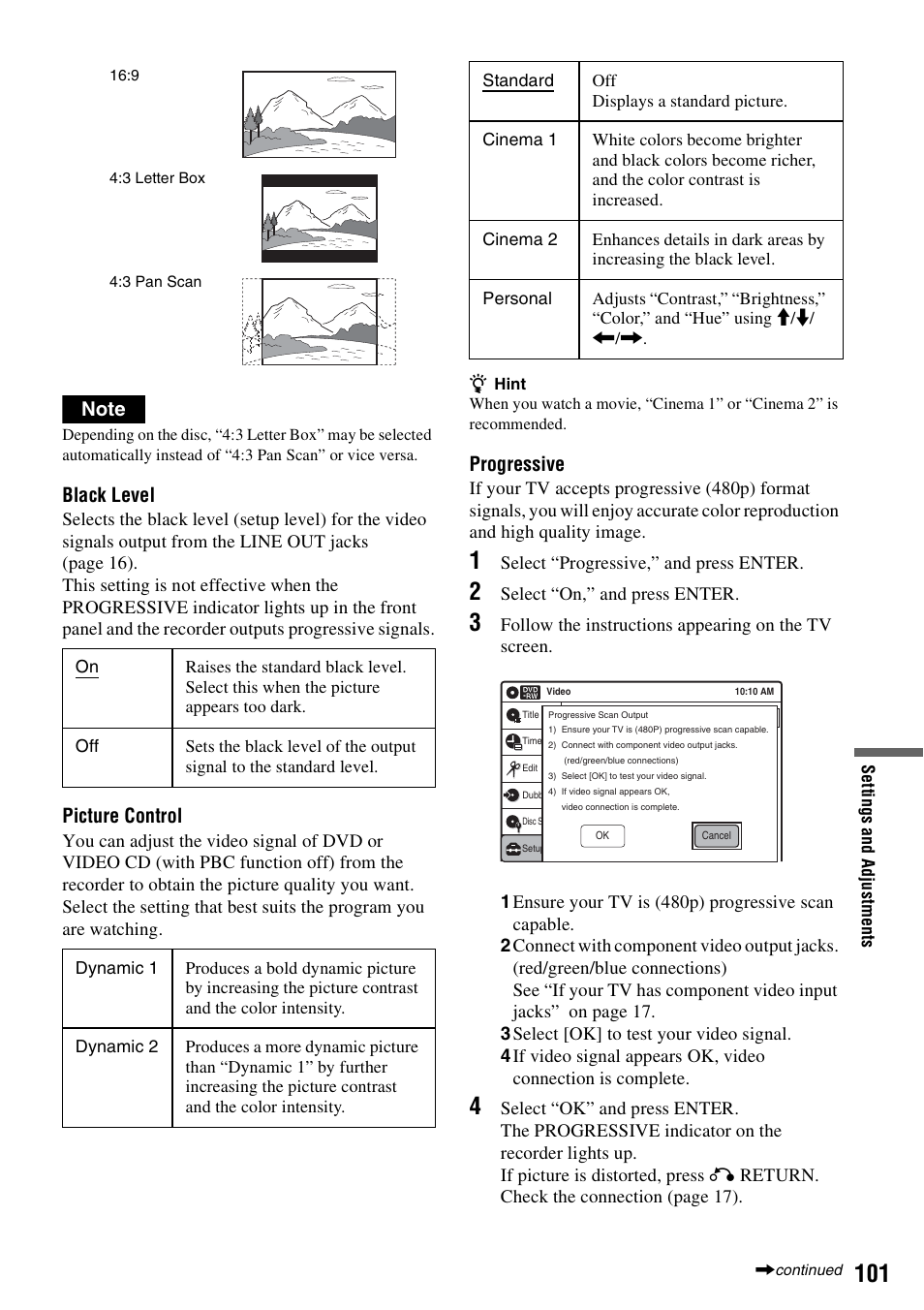 Black level, Picture control, Progressive | Select “progressive,” and press enter, Select “on,” and press enter | Sony RDR-VX530 User Manual | Page 101 / 132