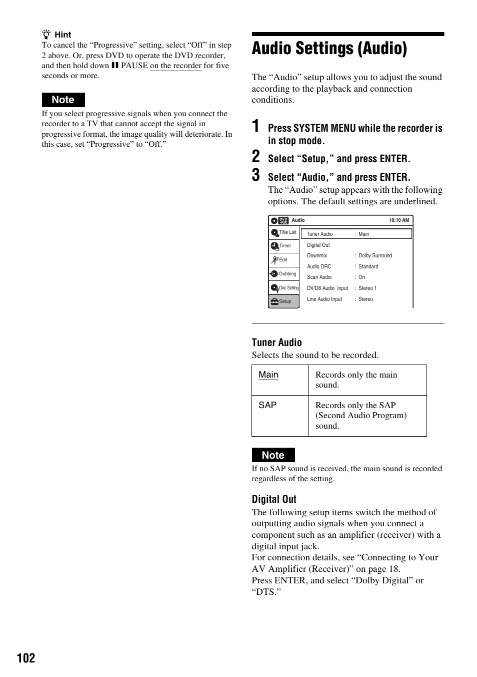 Audio settings (audio), Select “setup,” and press enter, Select “audio,” and press enter | Tuner audio, Digital out | Sony RDR-VX530 User Manual | Page 102 / 132