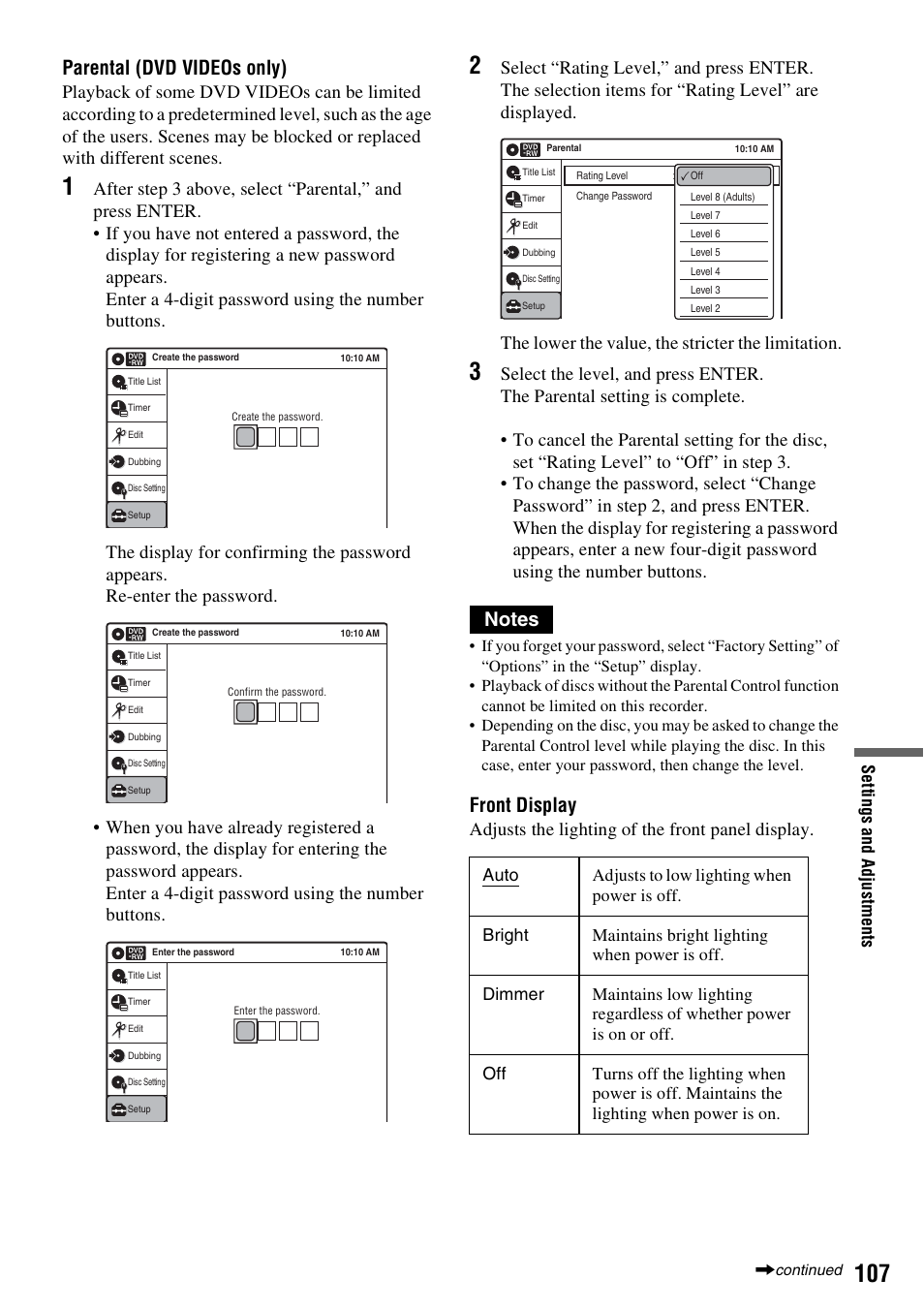 Parental (dvd videos only), Front display, Adjusts the lighting of the front panel display | Sony RDR-VX530 User Manual | Page 107 / 132