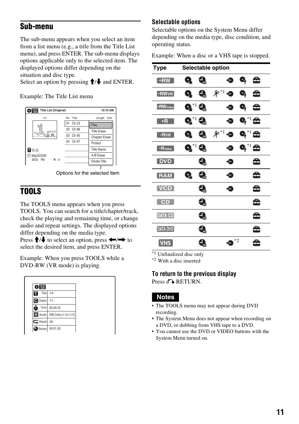 Sub-menu, Tools, Selectable options | Press o return | Sony RDR-VX530 User Manual | Page 11 / 132