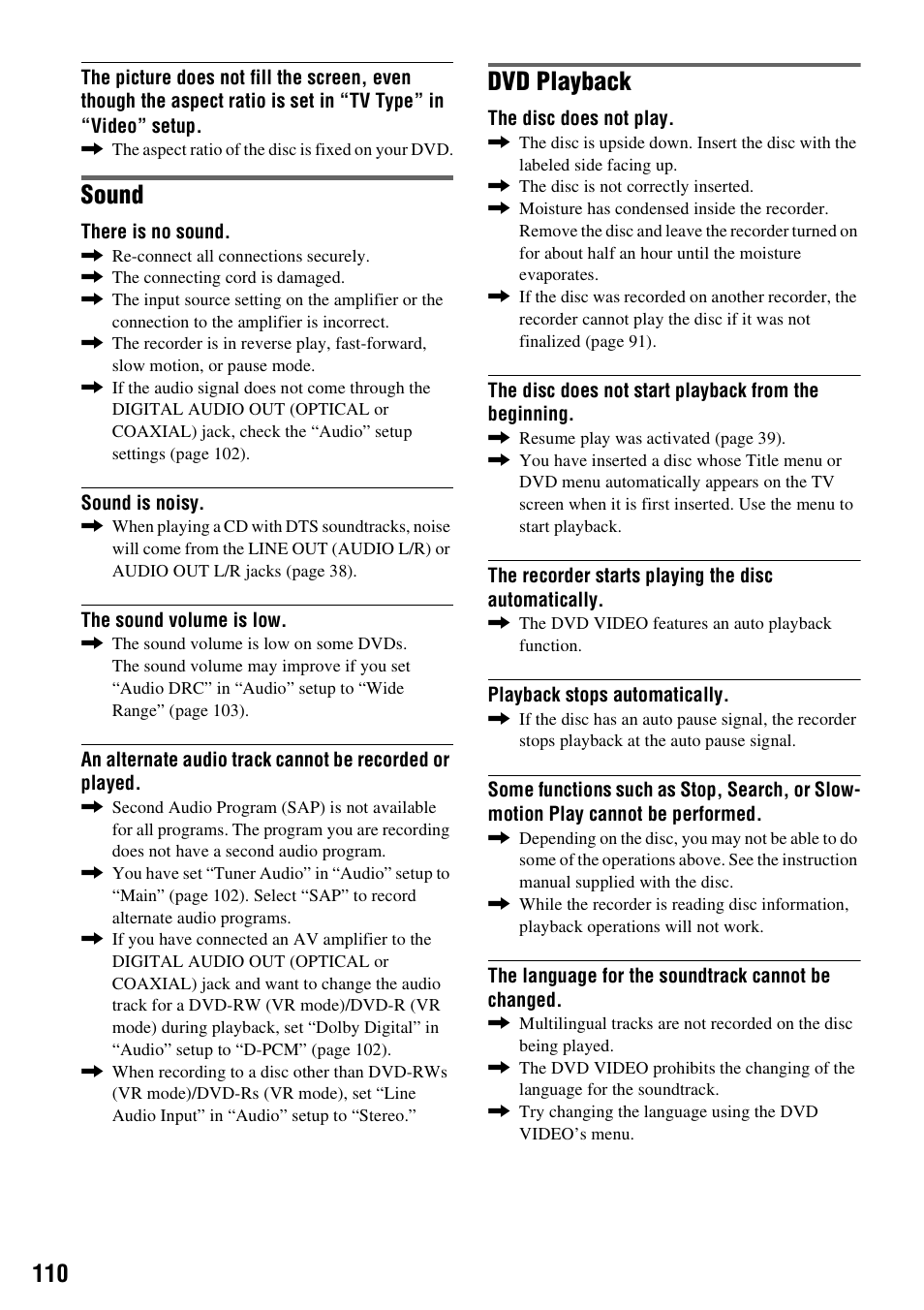 Sound, Dvd playback | Sony RDR-VX530 User Manual | Page 110 / 132