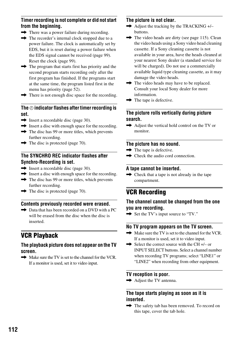 Vcr playback, Vcr recording | Sony RDR-VX530 User Manual | Page 112 / 132