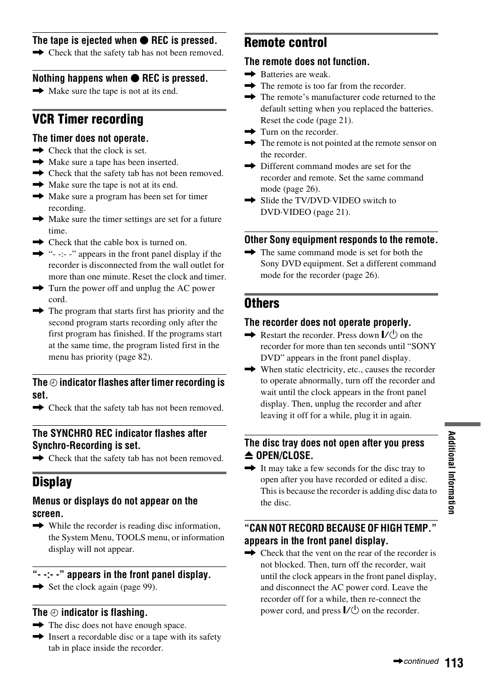 Vcr timer recording, Display, Remote control | Others | Sony RDR-VX530 User Manual | Page 113 / 132