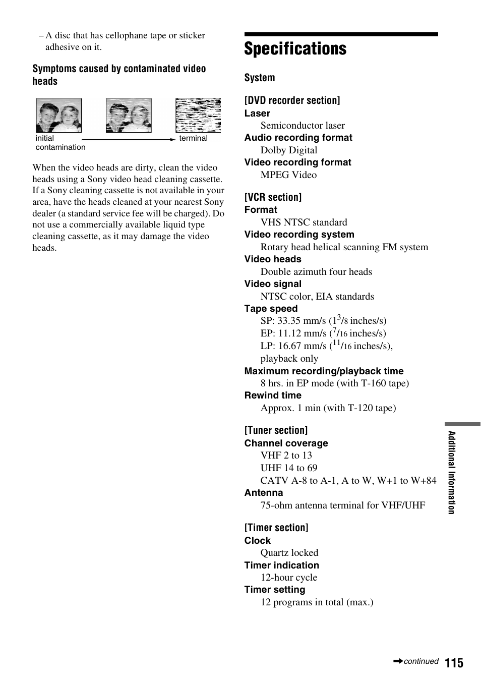 Specifications | Sony RDR-VX530 User Manual | Page 115 / 132