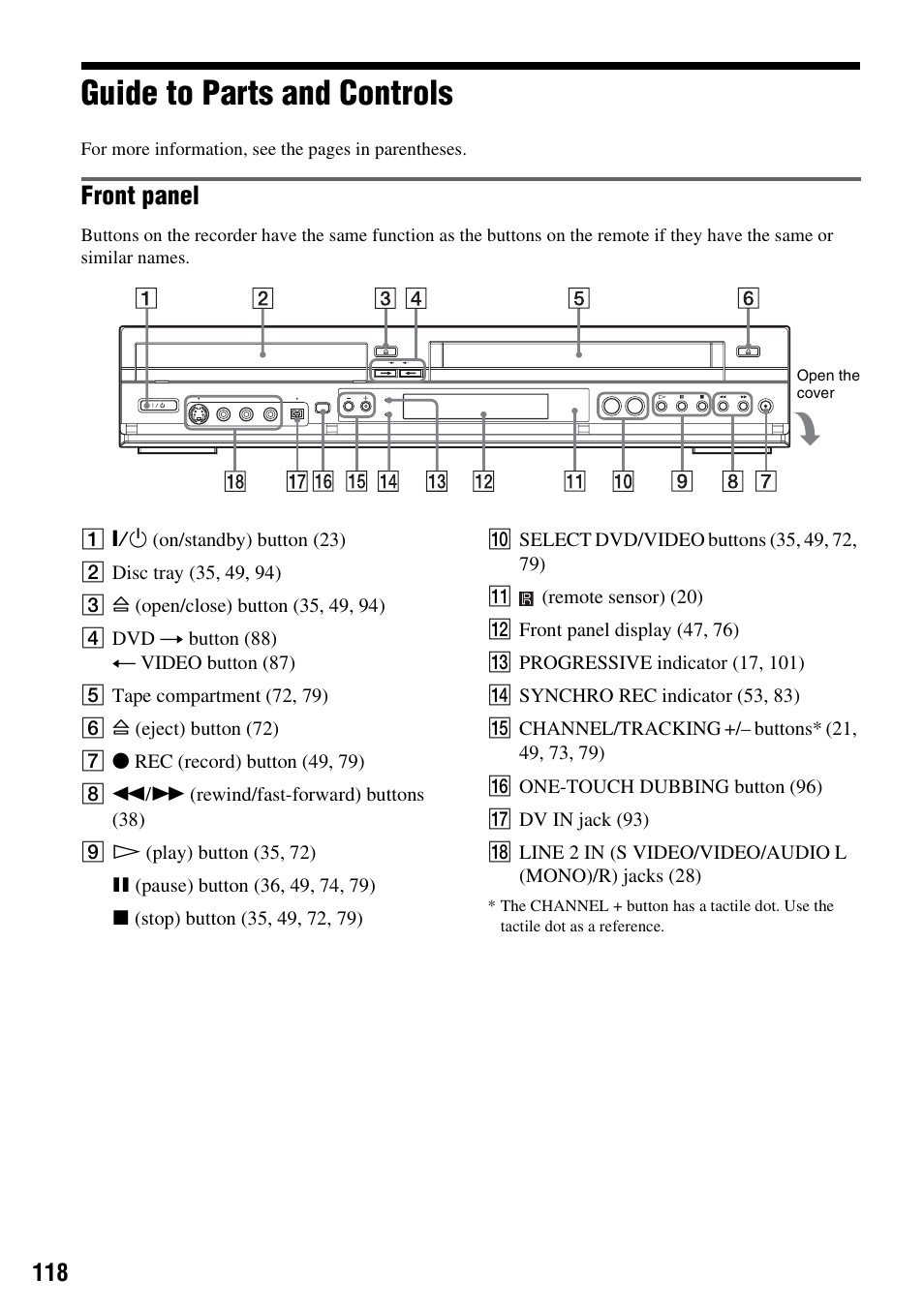 Guide to parts and controls, Front panel | Sony RDR-VX530 User Manual | Page 118 / 132