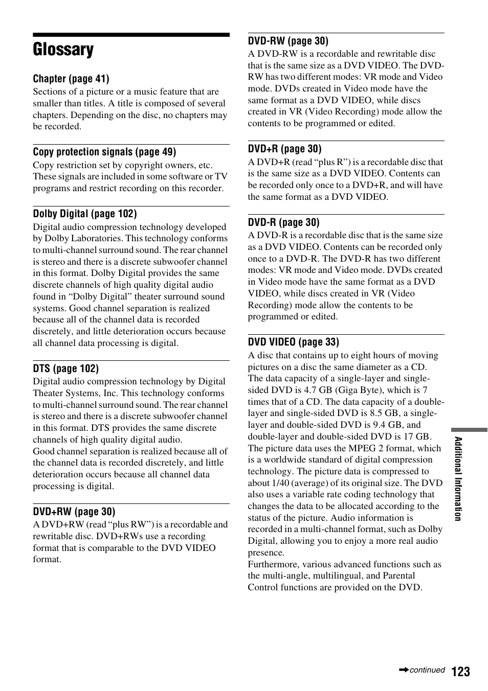 Glossary | Sony RDR-VX530 User Manual | Page 123 / 132