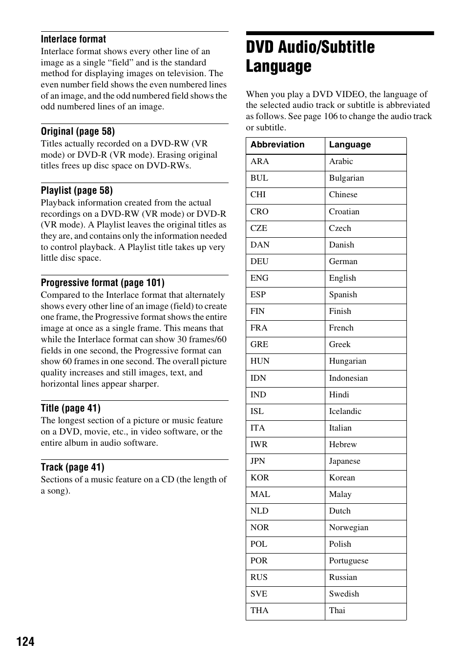 Dvd audio/subtitle language | Sony RDR-VX530 User Manual | Page 124 / 132