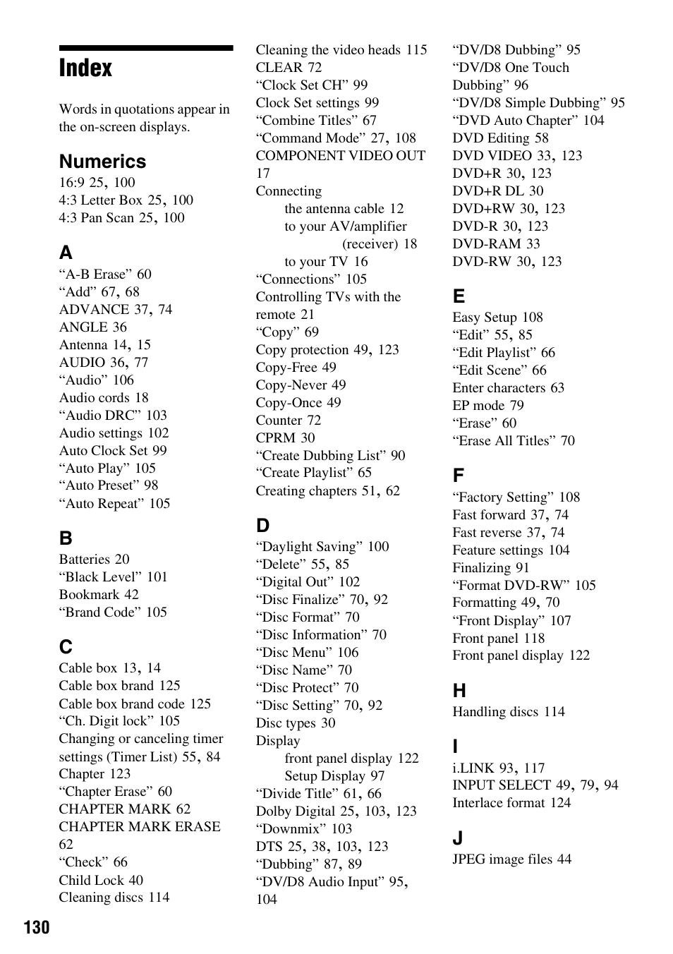 Index, Numerics | Sony RDR-VX530 User Manual | Page 130 / 132