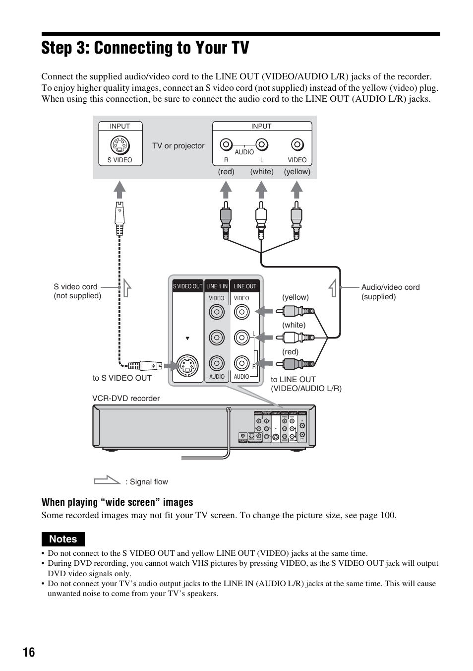 Step 3: connecting to your tv, When playing “wide screen” images | Sony RDR-VX530 User Manual | Page 16 / 132