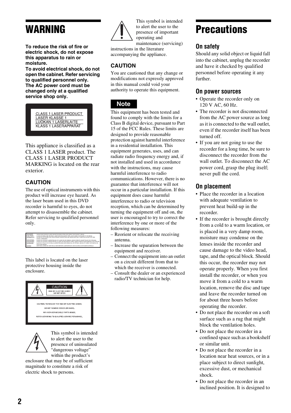 Warning, Precautions, On safety | On power sources, On placement | Sony RDR-VX530 User Manual | Page 2 / 132