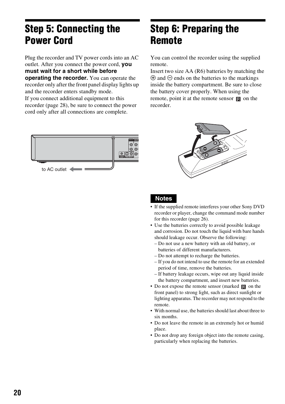 Step 5: connecting the power cord, Step 6: preparing the remote | Sony RDR-VX530 User Manual | Page 20 / 132