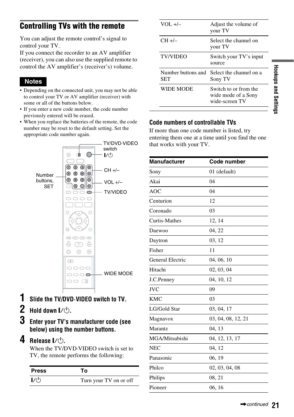 Controlling tvs with the remote | Sony RDR-VX530 User Manual | Page 21 / 132