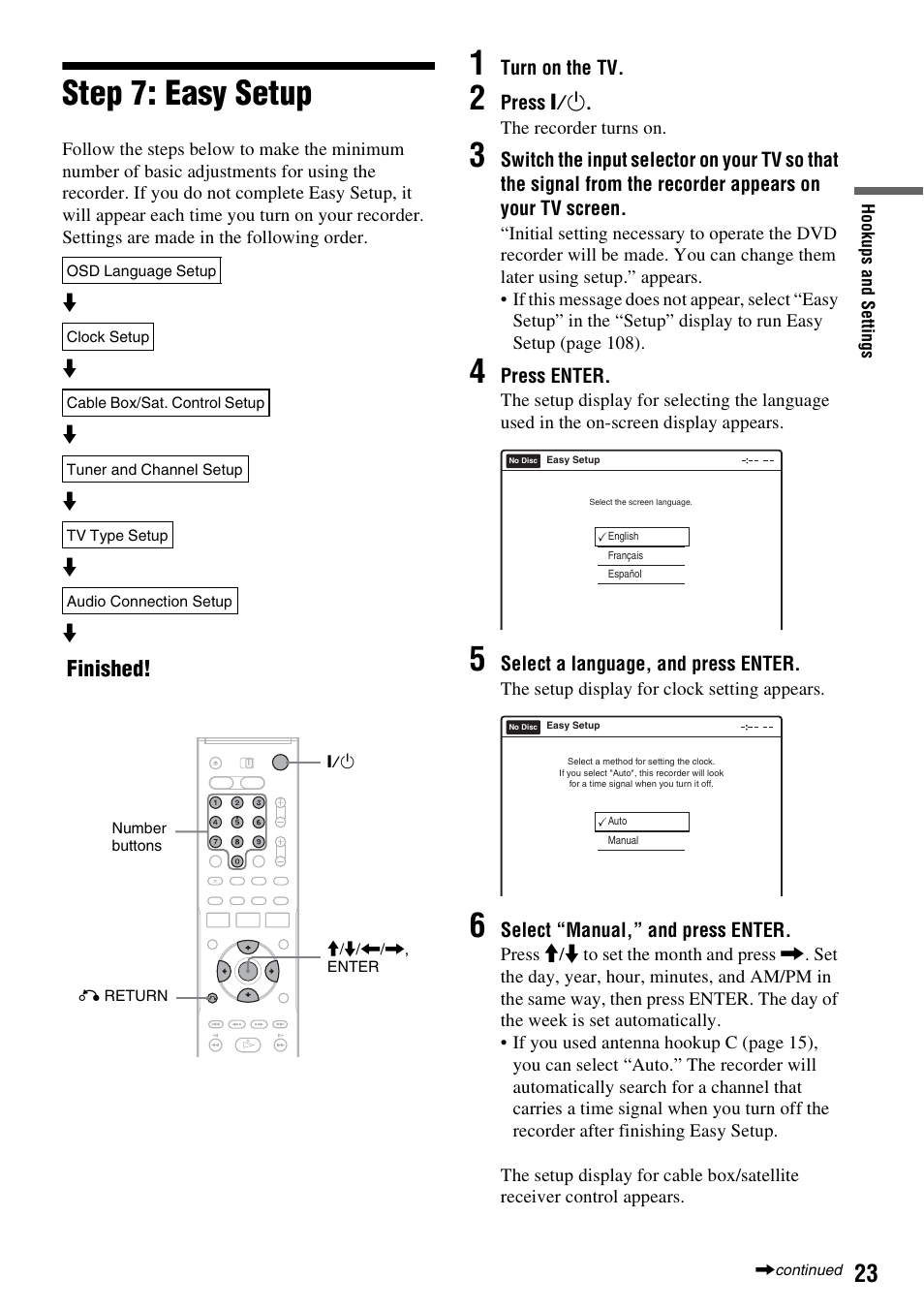 Step 7: easy setup, Finished | Sony RDR-VX530 User Manual | Page 23 / 132