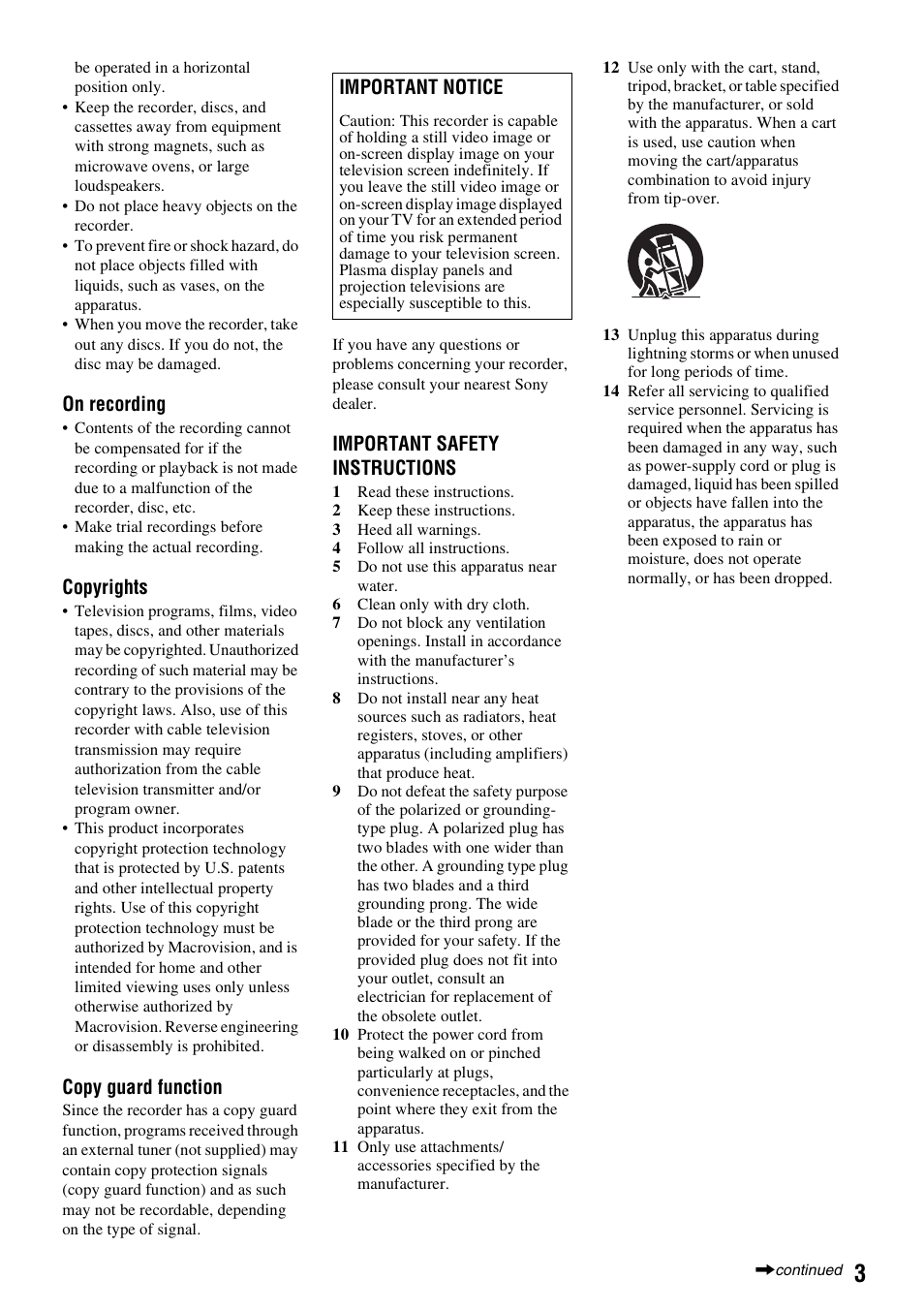 On recording, Copyrights, Copy guard function | Important safety instructions, Important notice | Sony RDR-VX530 User Manual | Page 3 / 132