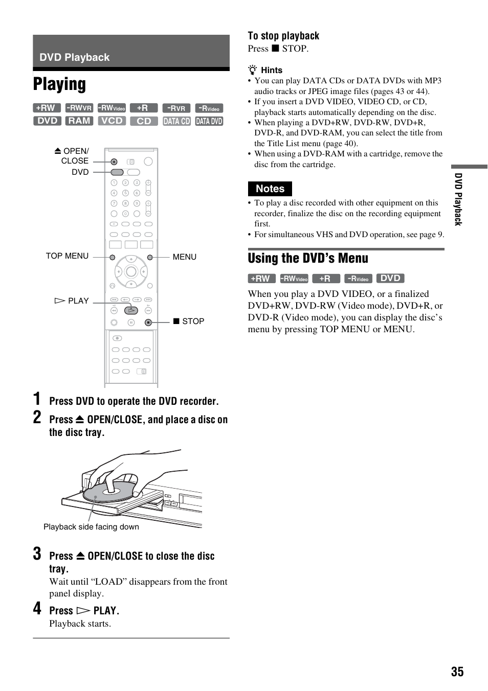 Dvd playback, Playing, Playing 1 | Using the dvd’s menu | Sony RDR-VX530 User Manual | Page 35 / 132