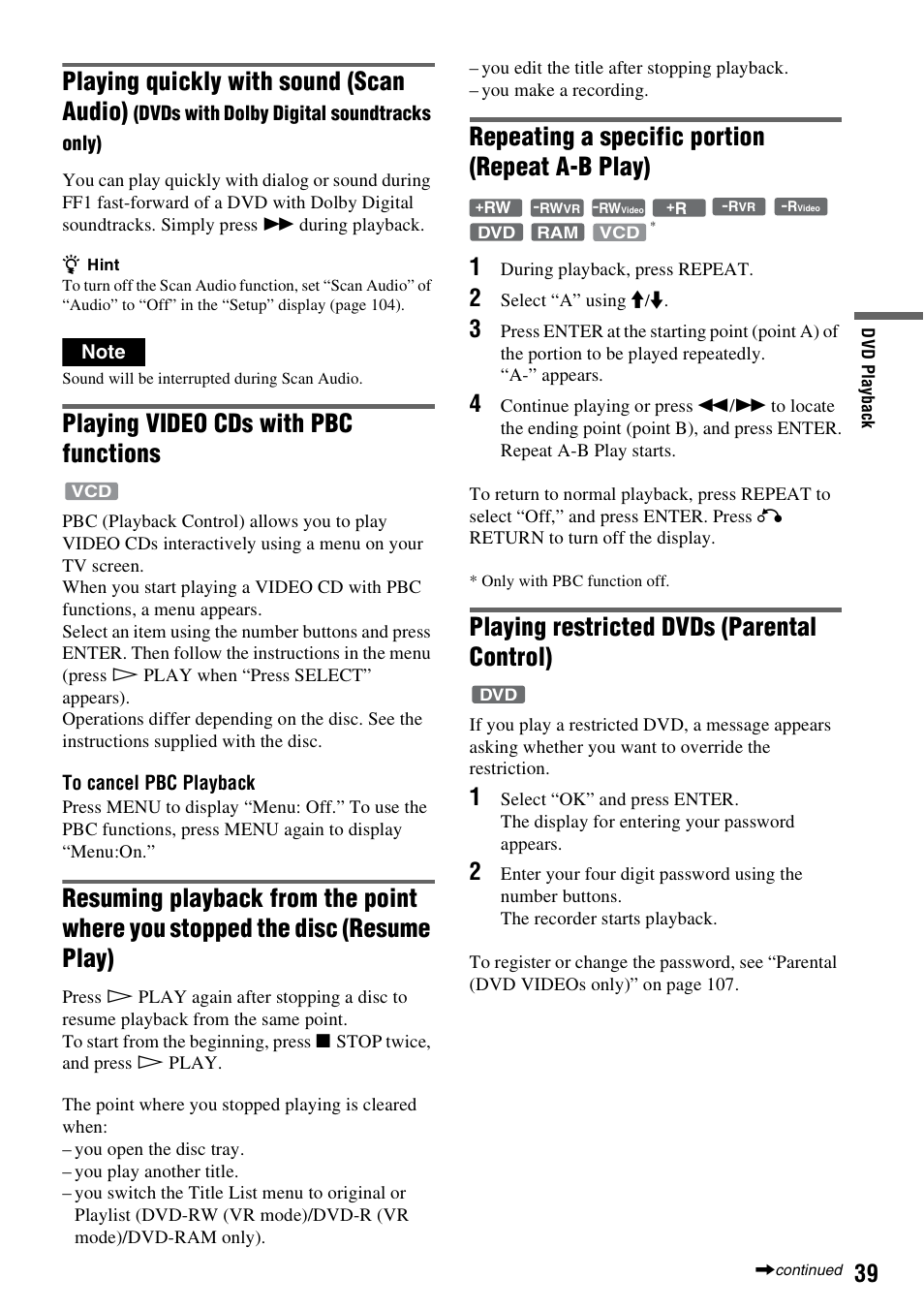 Playing quickly with sound (scan audio), Playing video cds with pbc functions, Repeating a specific portion (repeat a-b play) | Playing restricted dvds (parental control) | Sony RDR-VX530 User Manual | Page 39 / 132