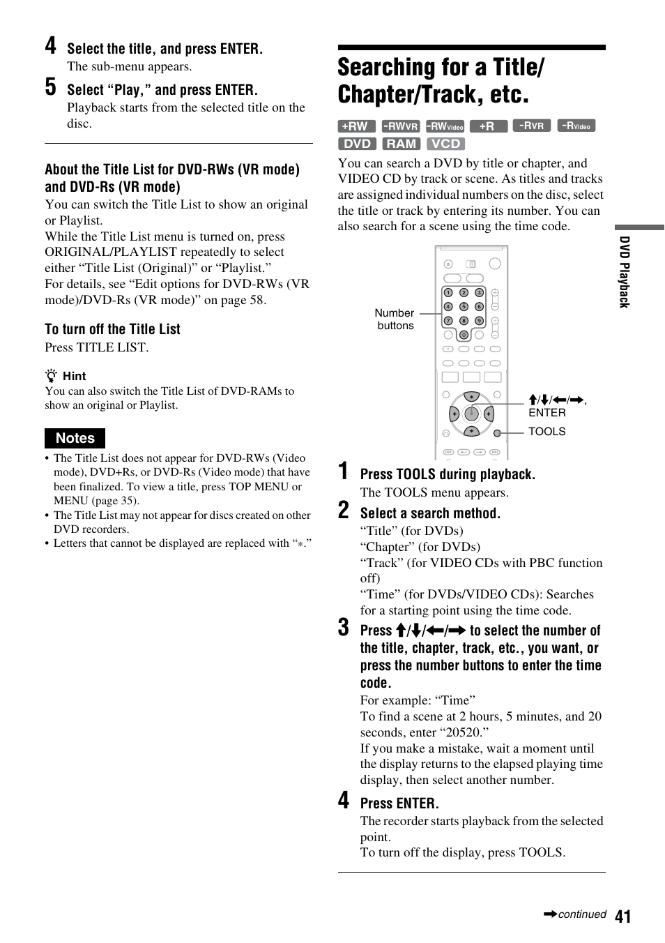 Searching for a title/ chapter/track, etc, Searching for a title/chapter/track, etc | Sony RDR-VX530 User Manual | Page 41 / 132