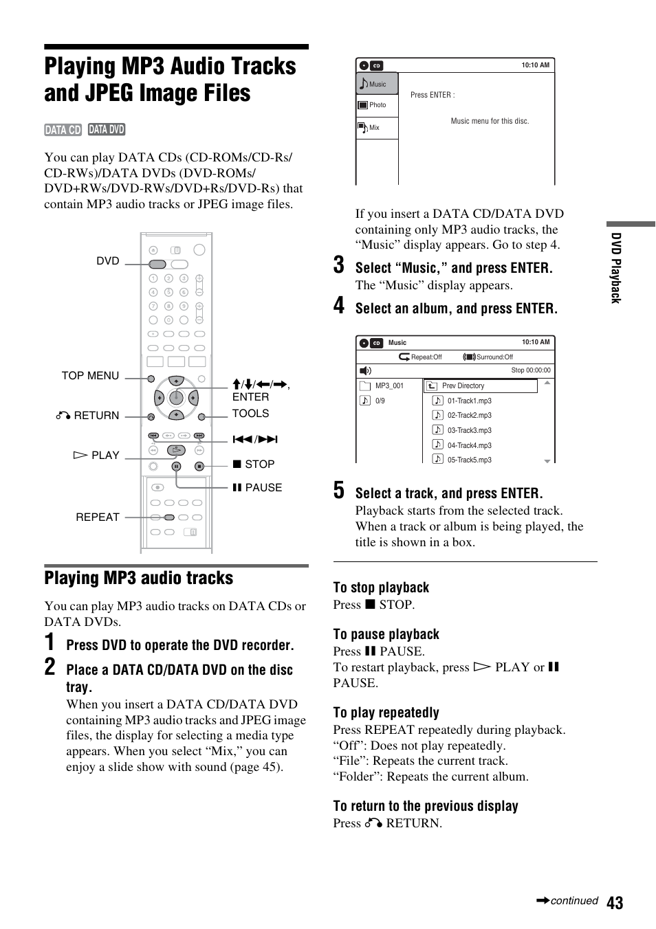 Playing mp3 audio tracks and jpeg image files, Playing mp3 audio tracks | Sony RDR-VX530 User Manual | Page 43 / 132