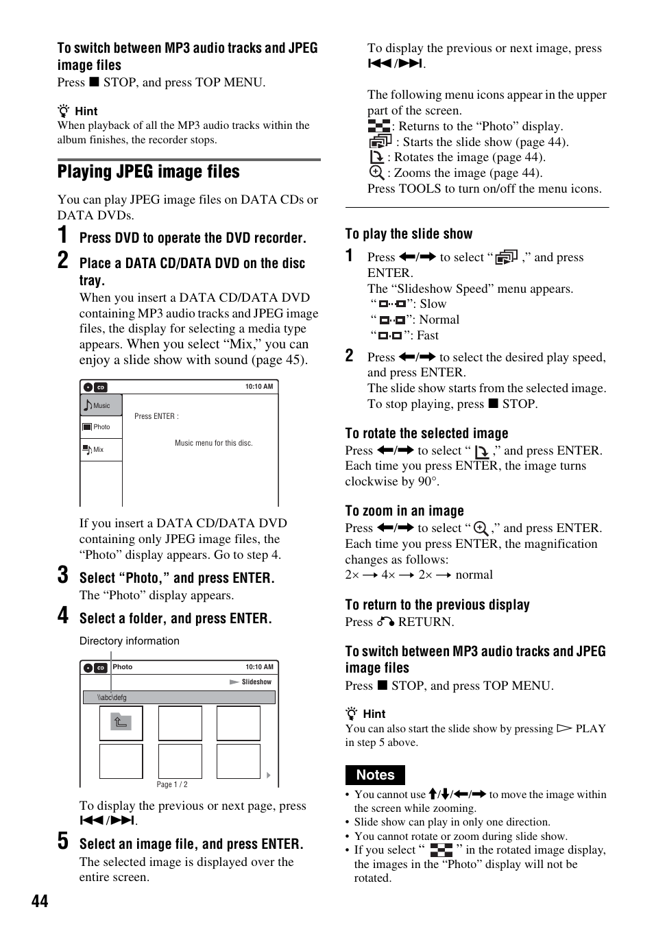 Playing jpeg image files | Sony RDR-VX530 User Manual | Page 44 / 132