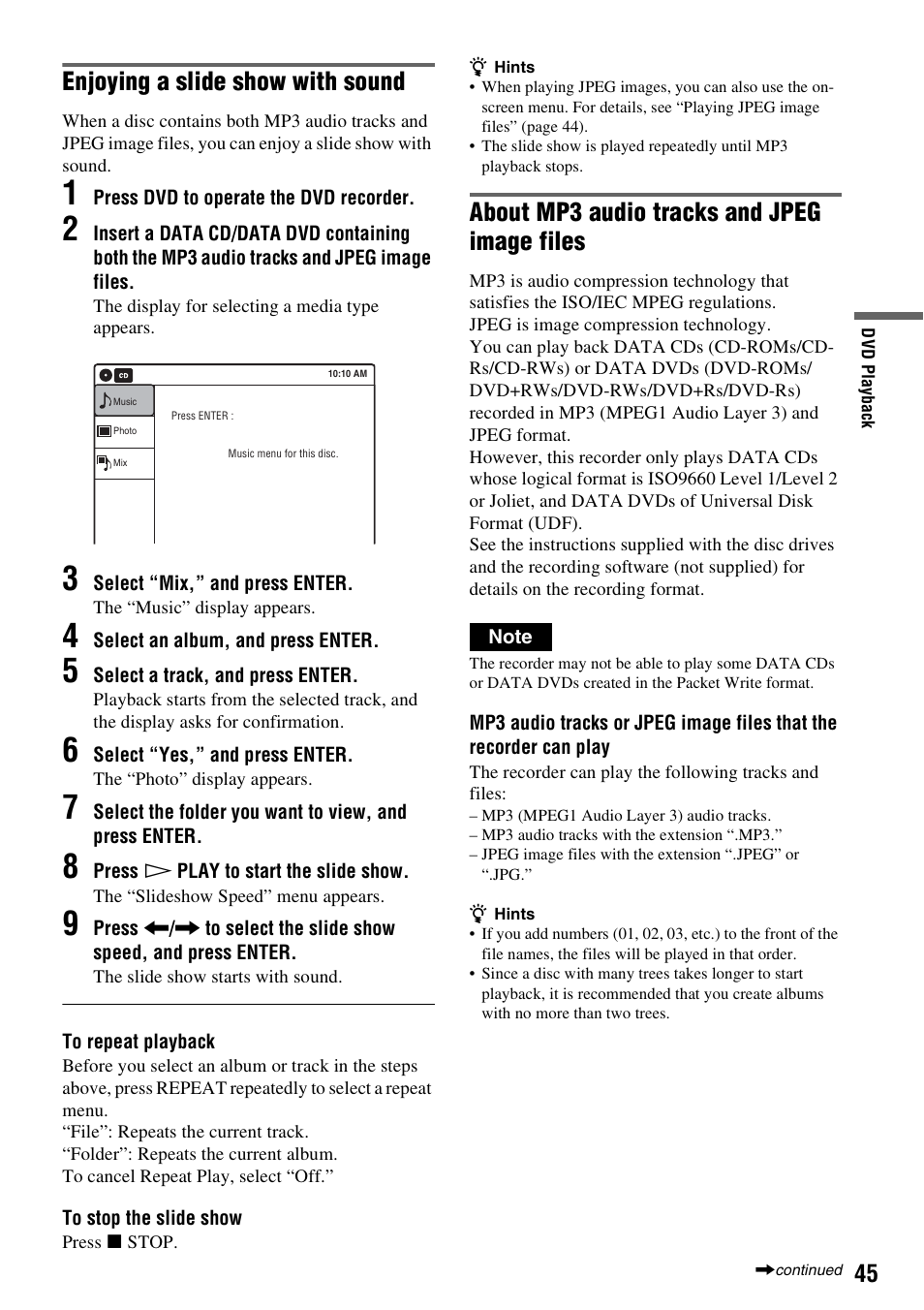 Enjoying a slide show with sound, About mp3 audio tracks and jpeg image files | Sony RDR-VX530 User Manual | Page 45 / 132