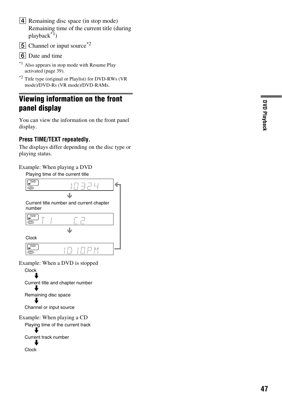 Viewing information on the front panel display | Sony RDR-VX530 User Manual | Page 47 / 132