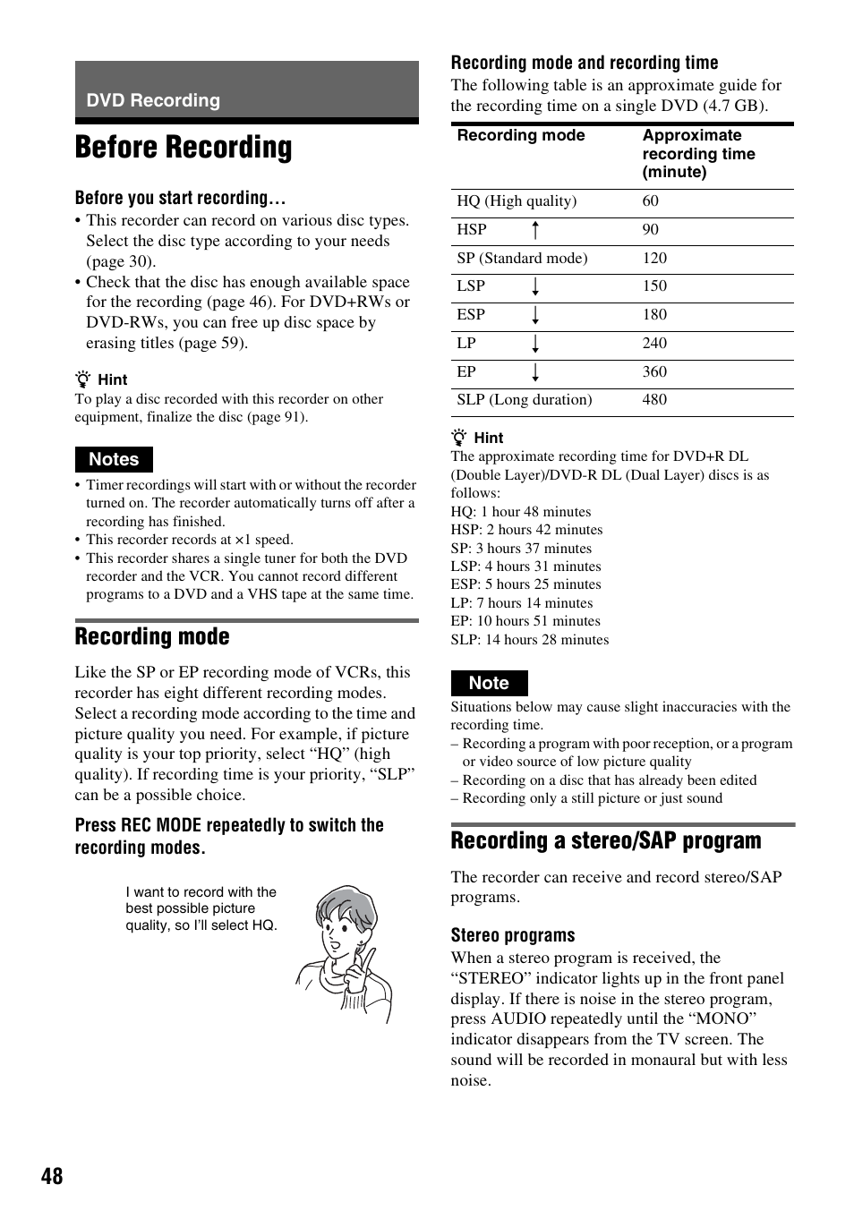 Dvd recording, Before recording, Recording mode | Recording a stereo/sap program | Sony RDR-VX530 User Manual | Page 48 / 132