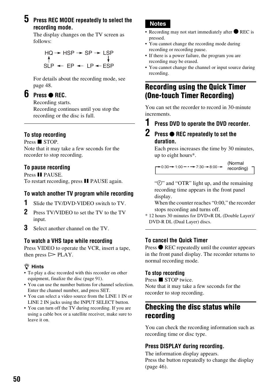 Checking the disc status while recording | Sony RDR-VX530 User Manual | Page 50 / 132