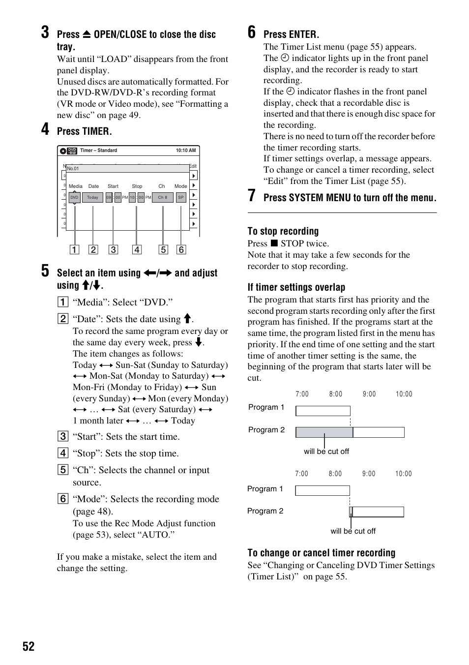 Press z open/close to close the disc tray, Press timer, Press enter | If timer settings overlap | Sony RDR-VX530 User Manual | Page 52 / 132