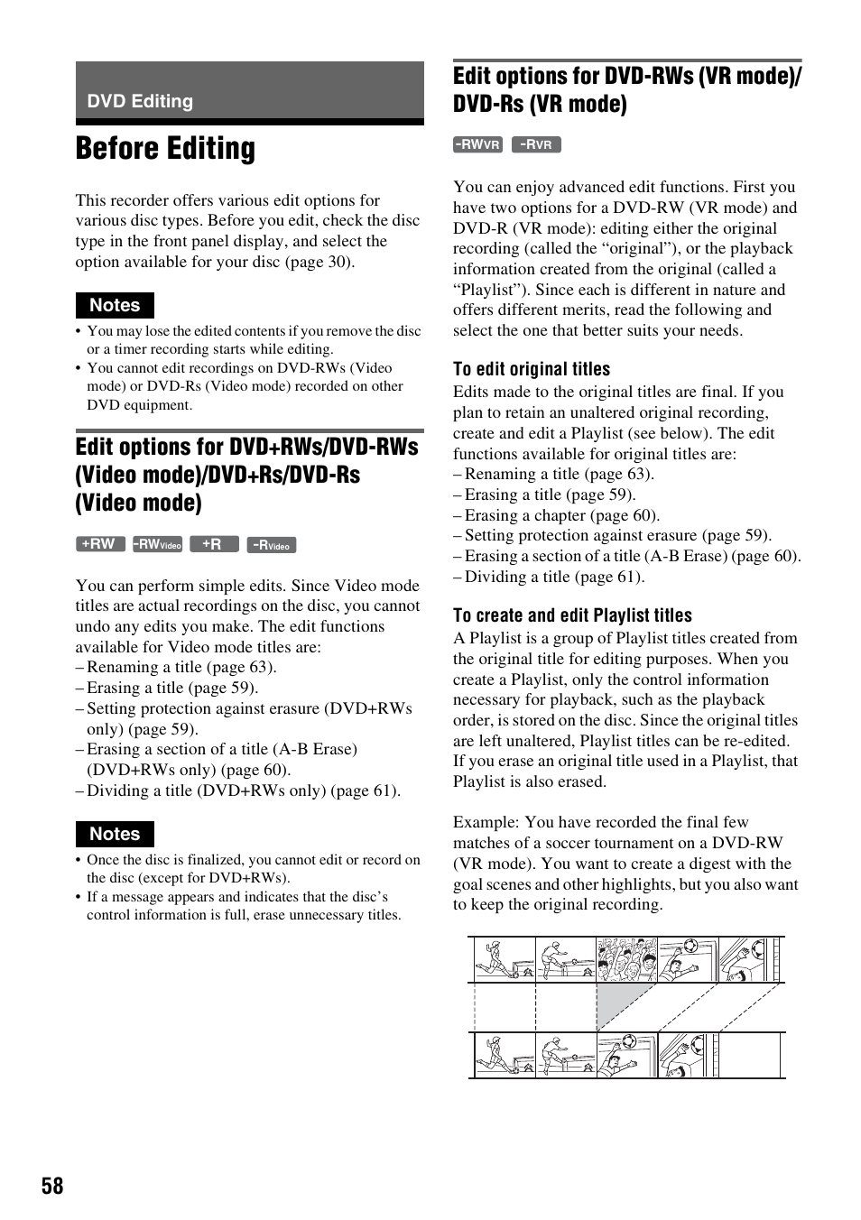 Dvd editing, Before editing | Sony RDR-VX530 User Manual | Page 58 / 132