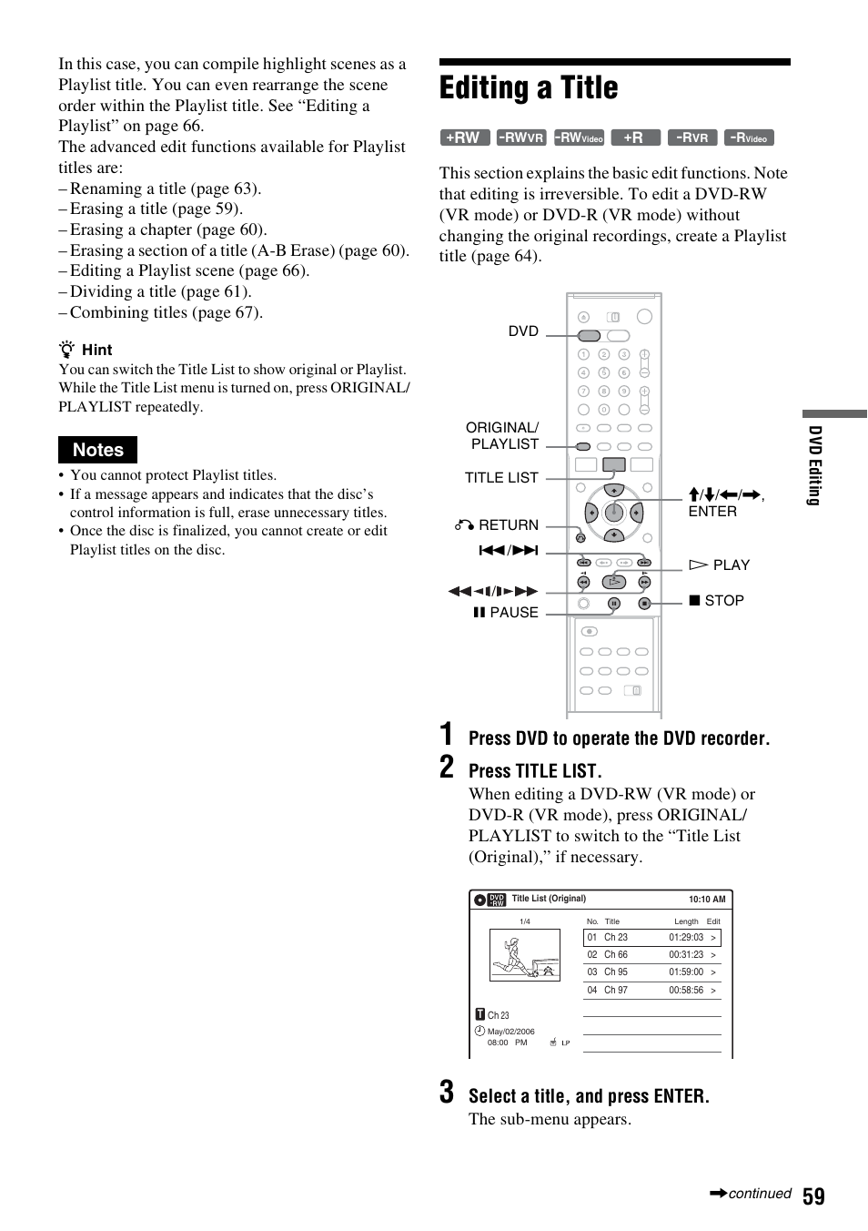 Editing a title, Press dvd to operate the dvd recorder, Press title list | Select a title, and press enter, The sub-menu appears | Sony RDR-VX530 User Manual | Page 59 / 132