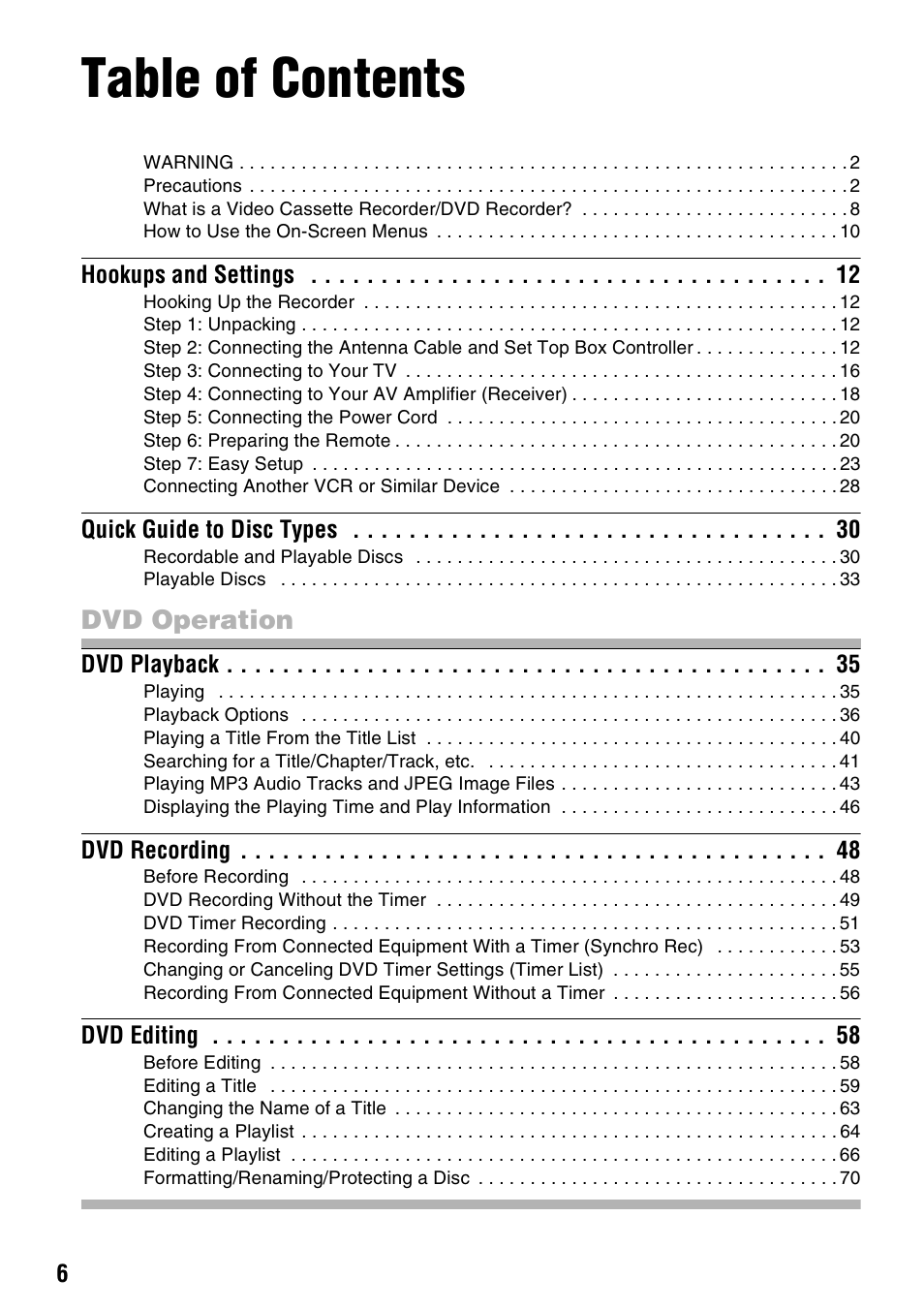 Sony RDR-VX530 User Manual | Page 6 / 132