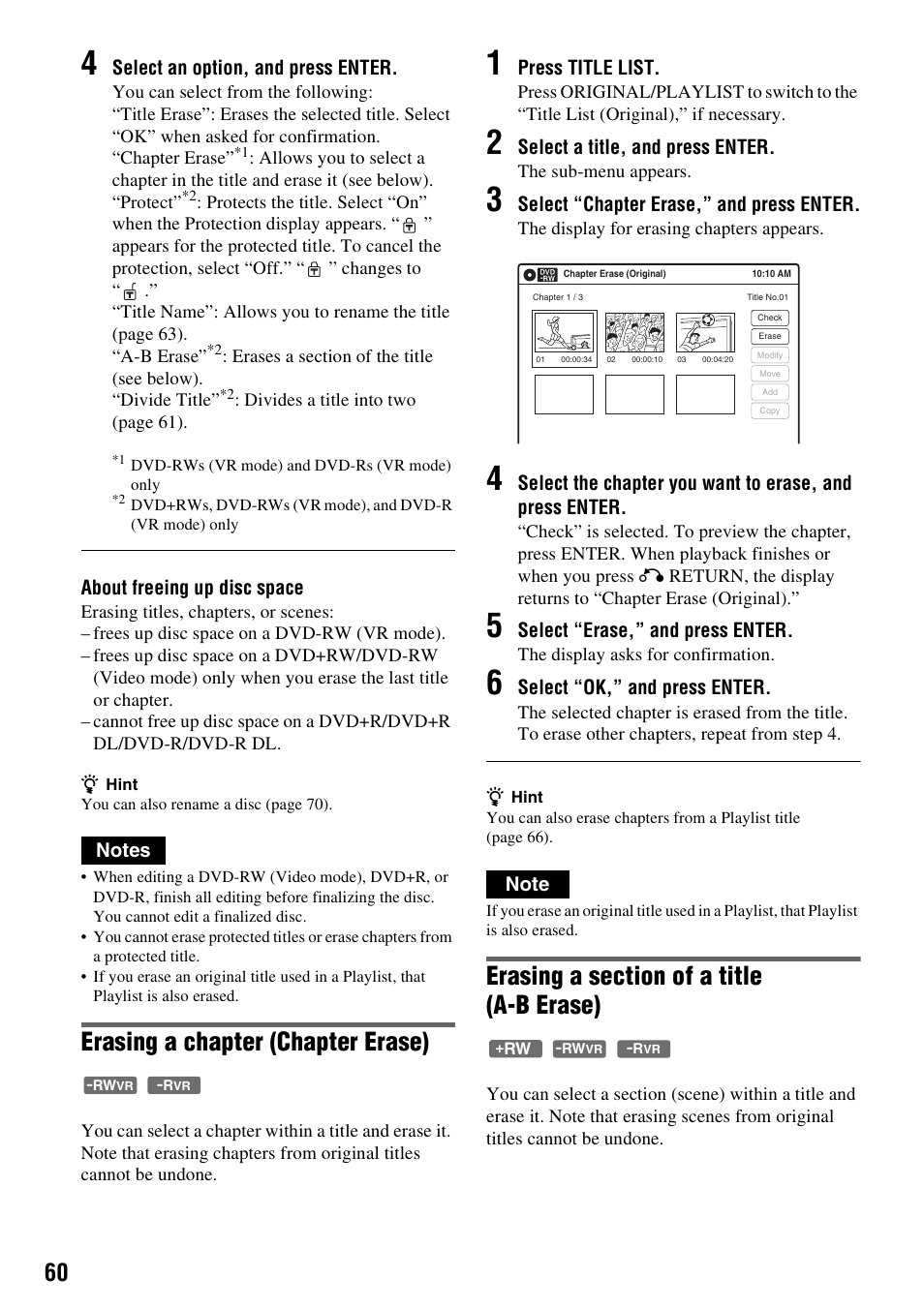 Erasing a chapter (chapter erase) | Sony RDR-VX530 User Manual | Page 60 / 132