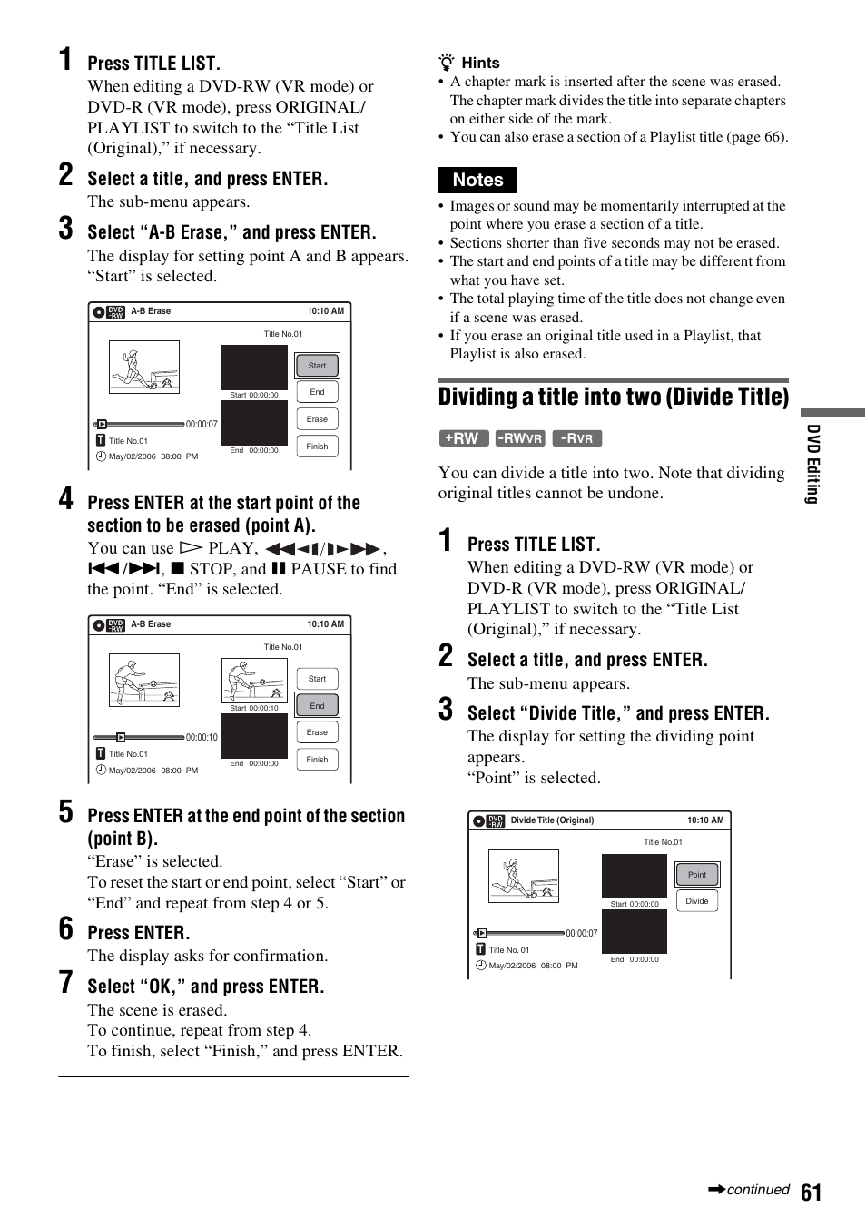 Dividing a title into two (divide title), Press title list, Select a title, and press enter | Select “a-b erase,” and press enter, Press enter, Select “ok,” and press enter, Select “divide title,” and press enter | Sony RDR-VX530 User Manual | Page 61 / 132