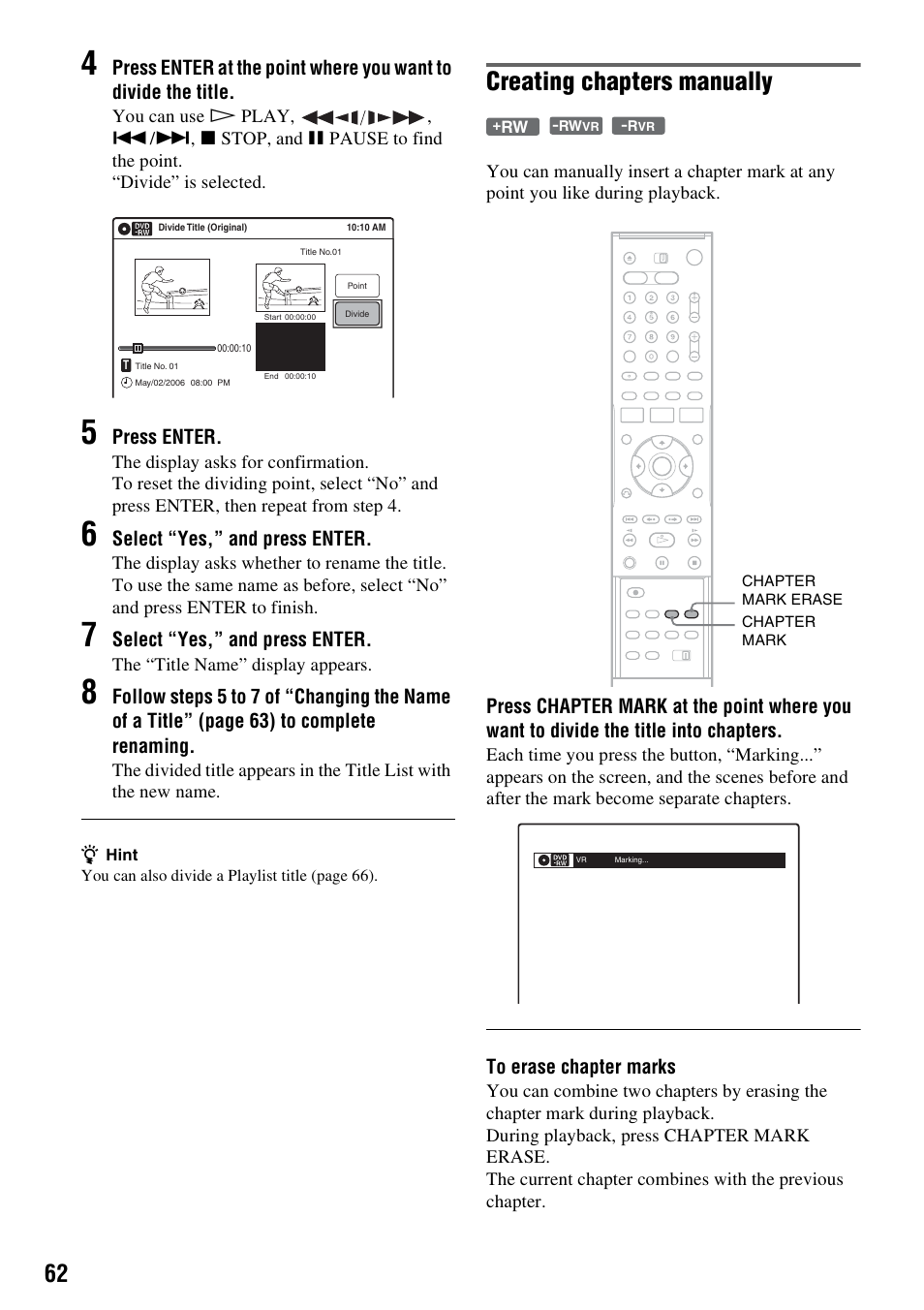 Creating chapters manually | Sony RDR-VX530 User Manual | Page 62 / 132