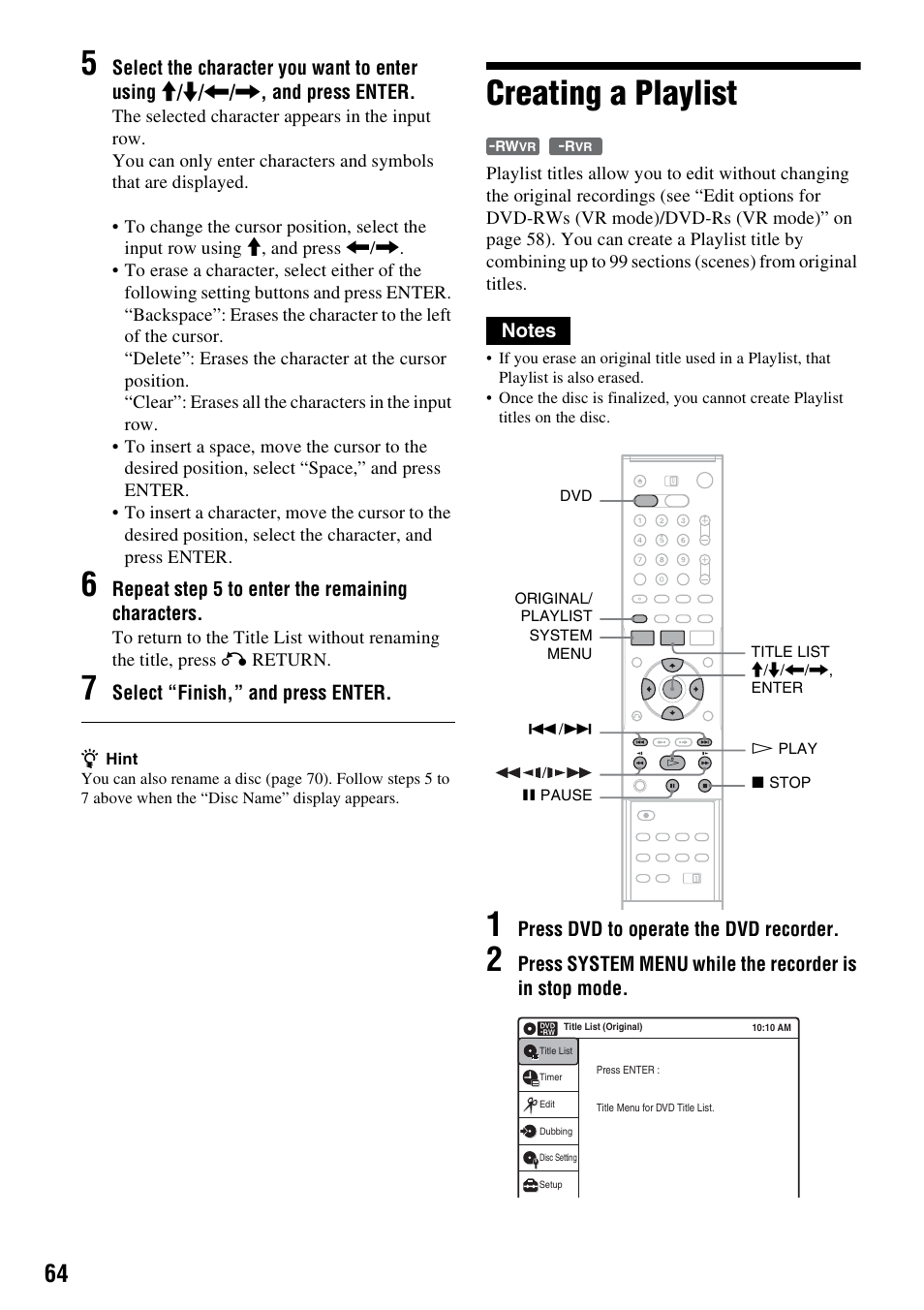 Creating a playlist | Sony RDR-VX530 User Manual | Page 64 / 132