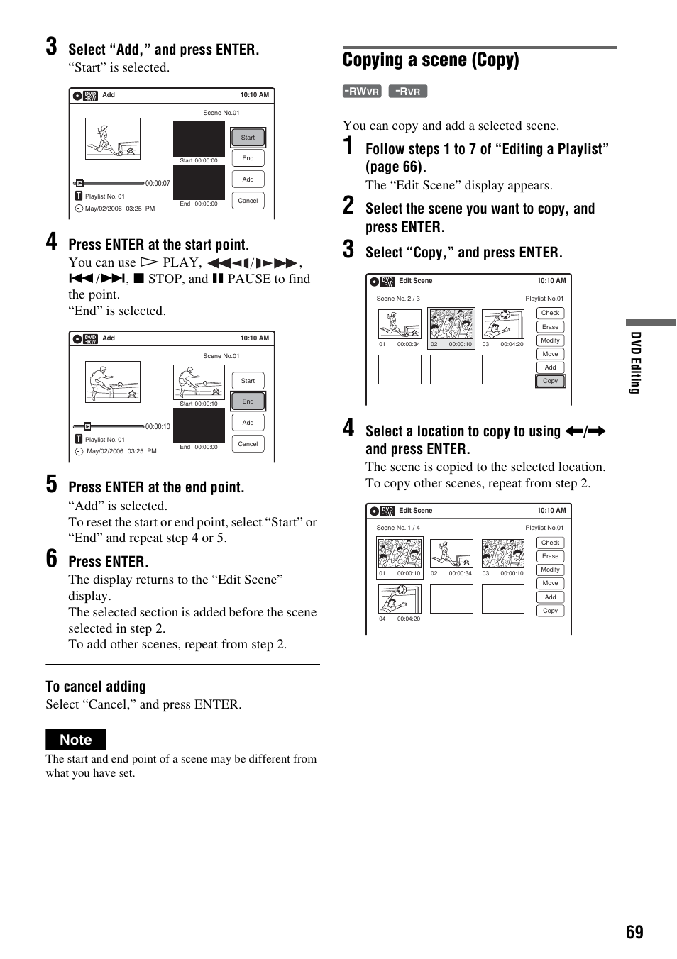 Copying a scene (copy), Select “add,” and press enter, Press enter at the start point | Press enter at the end point, Press enter, Select the scene you want to copy, and press enter, Select “copy,” and press enter, Start” is selected, Select “cancel,” and press enter, You can copy and add a selected scene | Sony RDR-VX530 User Manual | Page 69 / 132