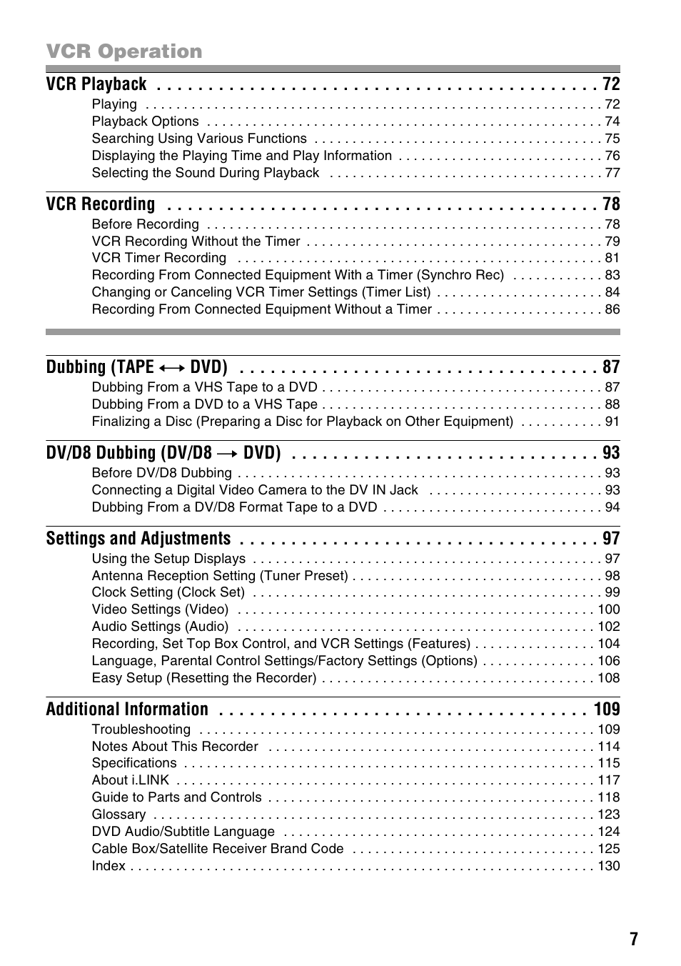 Vcr operation | Sony RDR-VX530 User Manual | Page 7 / 132