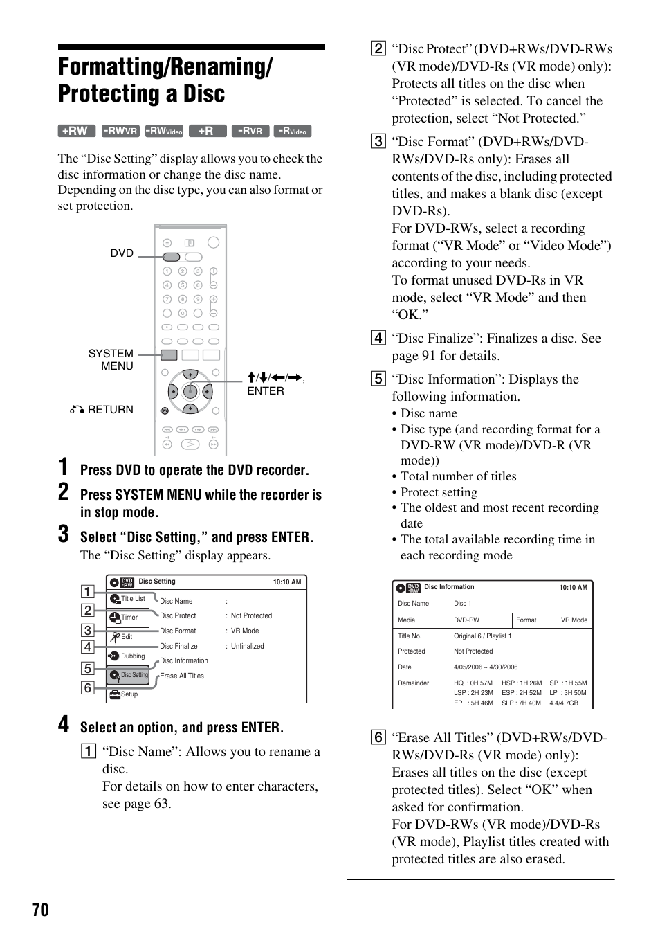 Formatting/renaming/ protecting a disc, Formatting/renaming/protecting a disc, Press dvd to operate the dvd recorder | Select “disc setting,” and press enter, The “disc setting” display appears | Sony RDR-VX530 User Manual | Page 70 / 132