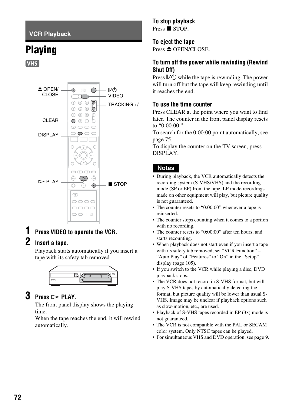 Vcr playback, Playing, Playing 1 | Sony RDR-VX530 User Manual | Page 72 / 132