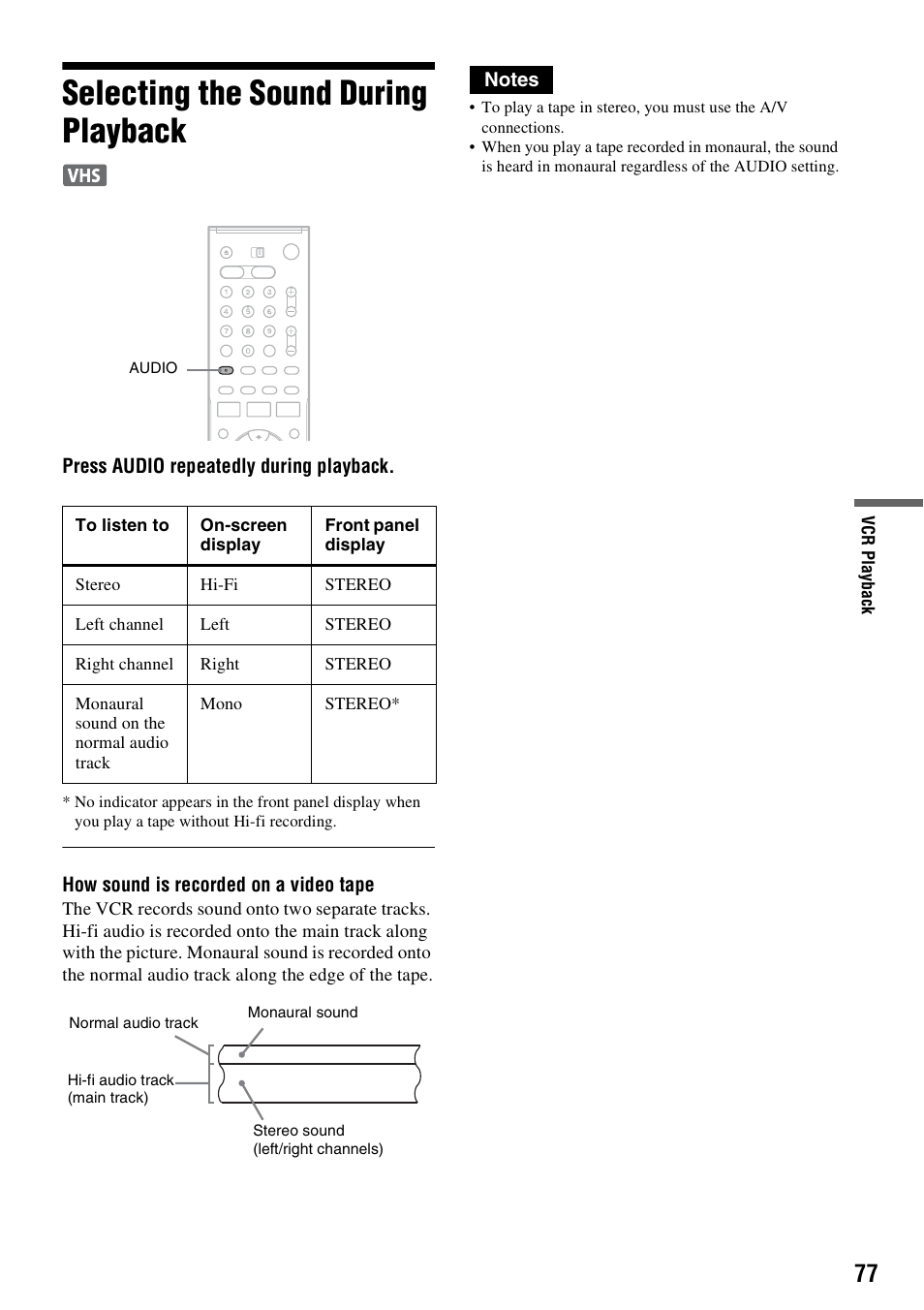 Selecting the sound during playback | Sony RDR-VX530 User Manual | Page 77 / 132