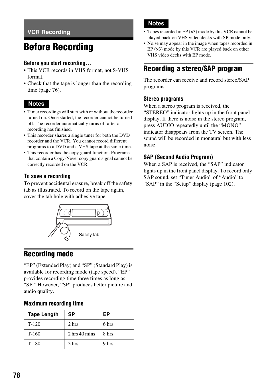 Vcr recording, Before recording, Recording mode | Recording a stereo/sap program | Sony RDR-VX530 User Manual | Page 78 / 132