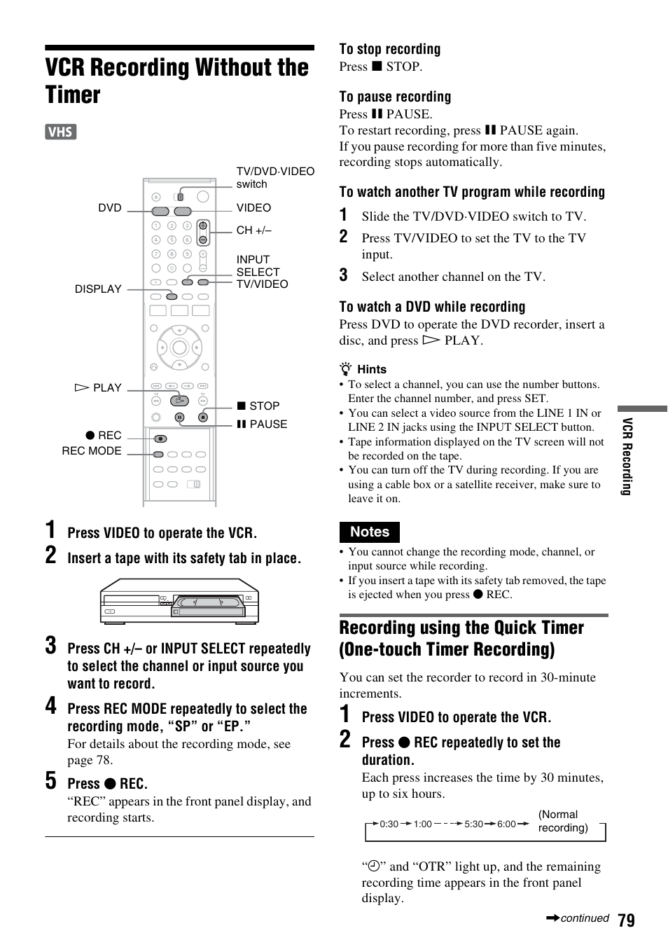 Vcr recording without the timer, Vcr recording without the timer 1 | Sony RDR-VX530 User Manual | Page 79 / 132