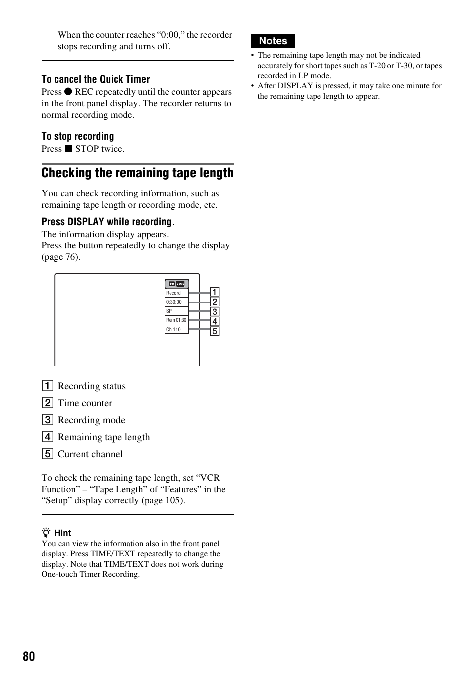 Checking the remaining tape length | Sony RDR-VX530 User Manual | Page 80 / 132