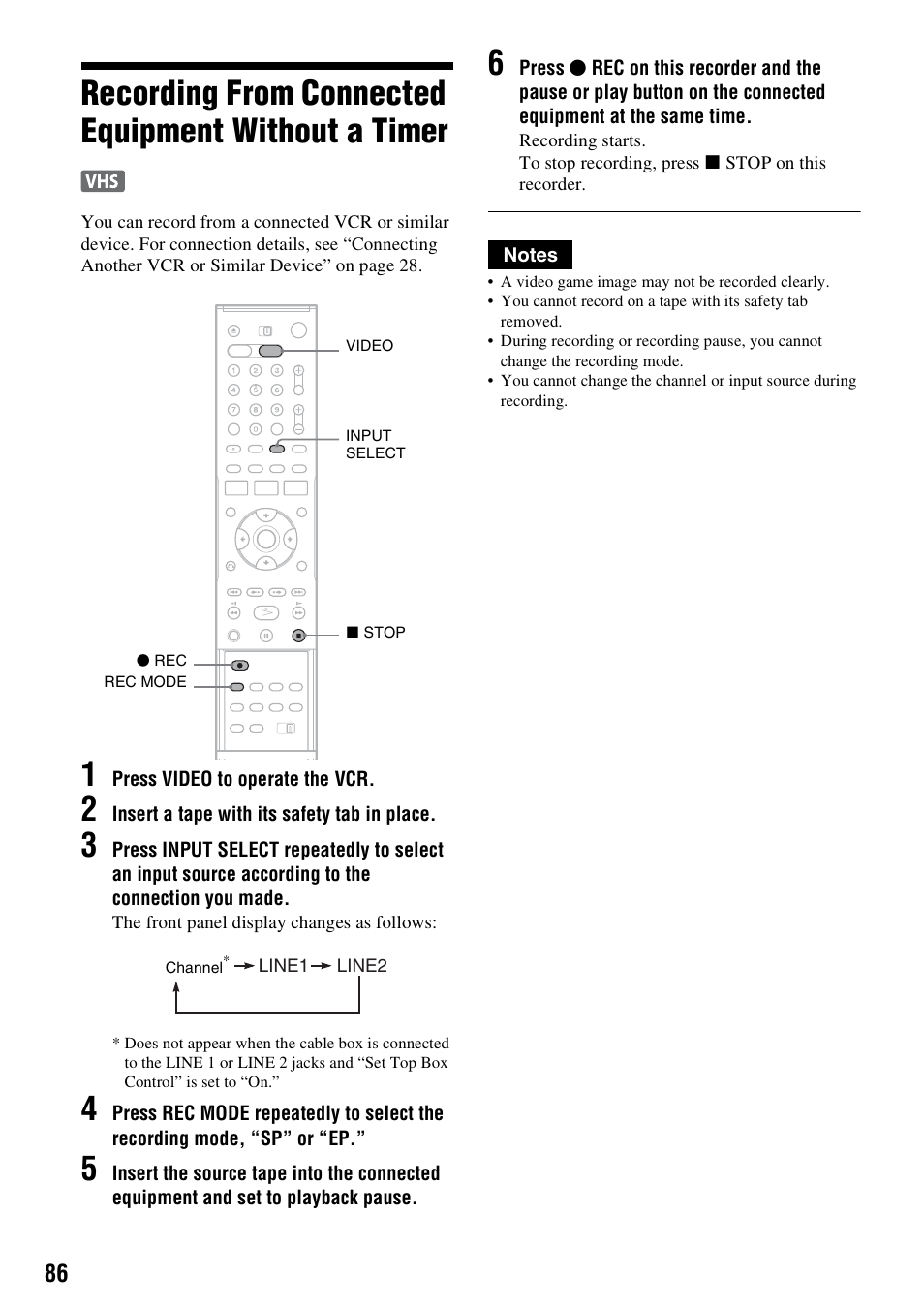 Recording from connected equipment without a timer | Sony RDR-VX530 User Manual | Page 86 / 132