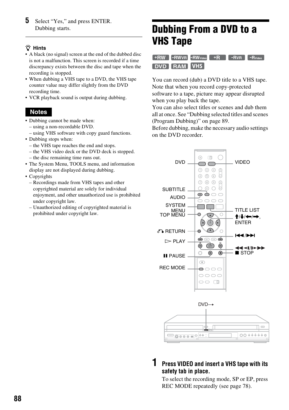 Dubbing from a dvd to a vhs tape | Sony RDR-VX530 User Manual | Page 88 / 132