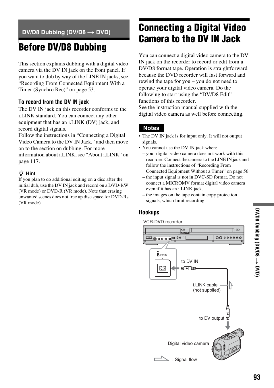 Dv/d8 dubbing (dv/d8 t dvd), Before dv/d8 dubbing | Sony RDR-VX530 User Manual | Page 93 / 132